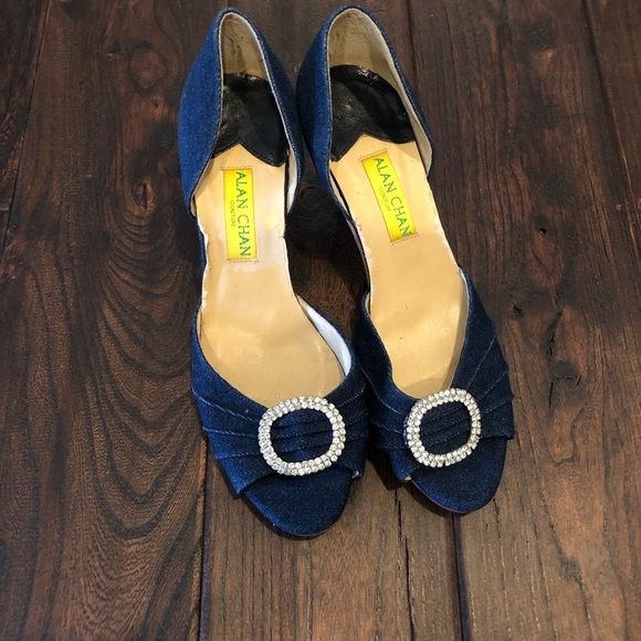 Alan Chan Denim Blue Kitten Heels Size 37.5 - Picture 2 of 10